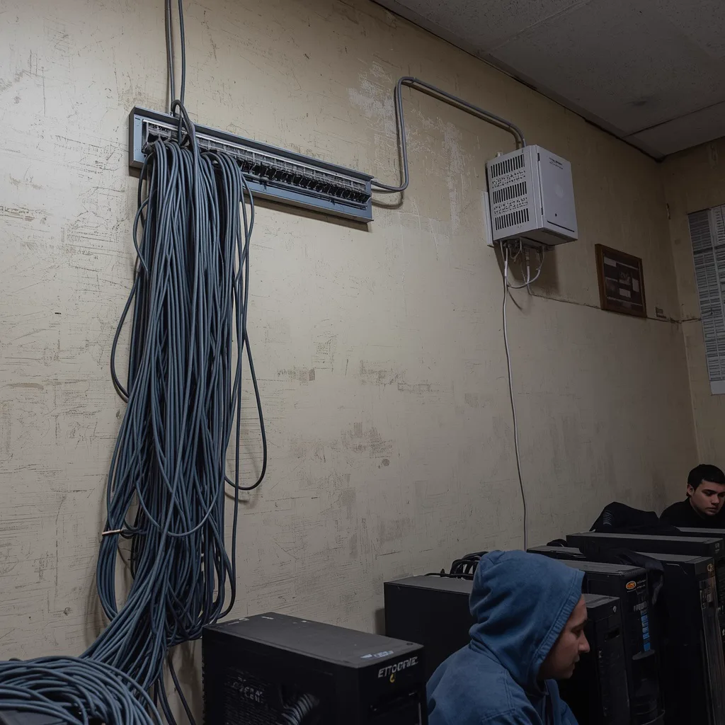 Coiled network cables hung along a worn wall above station towers