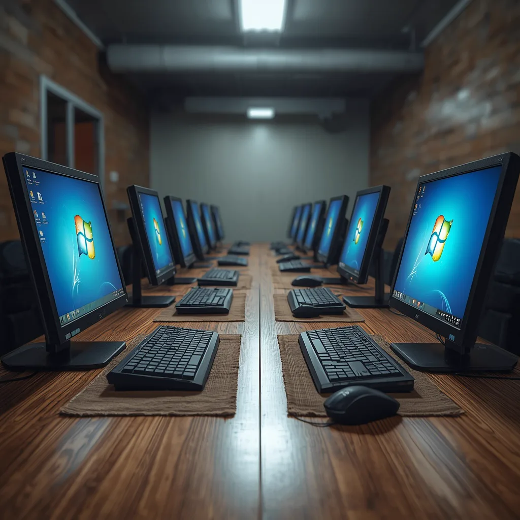 A long wooden desk lined with monitors glowing blue in a dim PIXELHALL hall