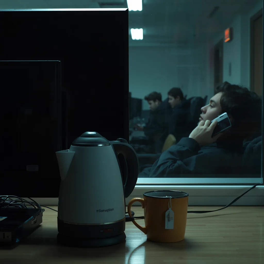 A dark station by a window at night with a warm mug on the desk