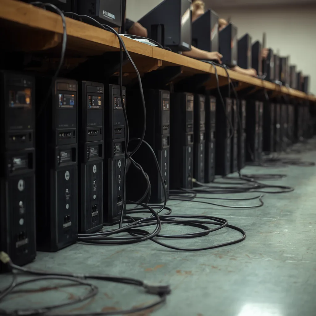 A low quiet row of computer towers under a long desk in a side room